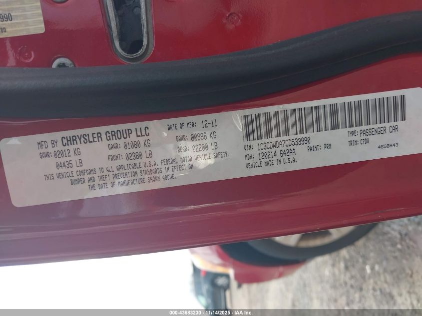 2012 Dodge Caliber Sxt VIN: 1C3CDWDA7CD533990 Lot: 43683230