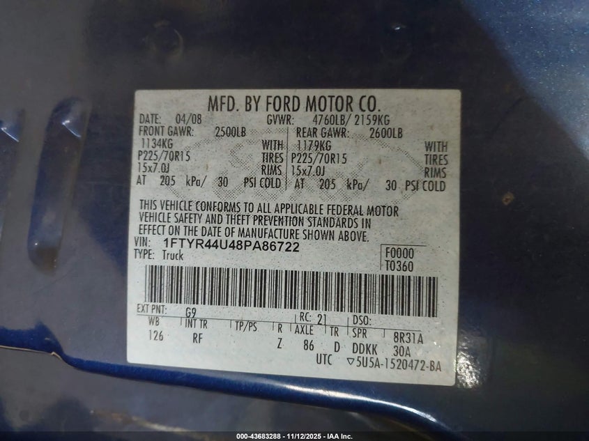 2008 Ford Ranger Sport/Xlt VIN: 1FTYR44U48PA86722 Lot: 43683288