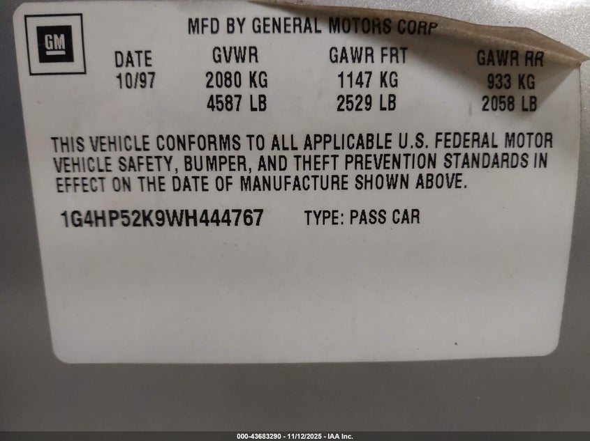 1998 Buick Lesabre Custom VIN: 1G4HP52K9WH444767 Lot: 43683290