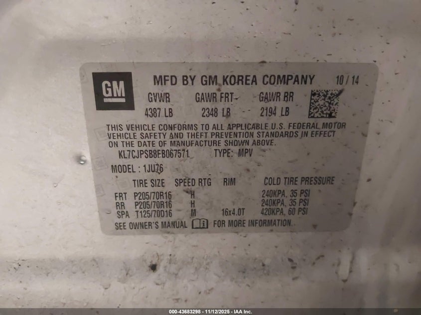 2015 Chevrolet Trax 1Ls VIN: KL7CJPSB8FB067571 Lot: 43683298