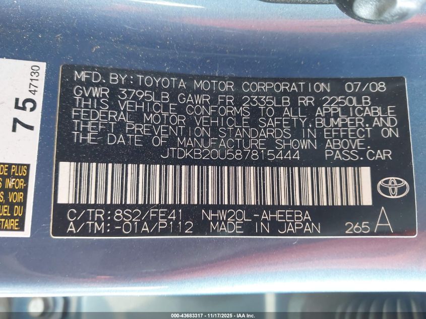 2008 Toyota Prius VIN: JTDKB20U587815444 Lot: 43683317