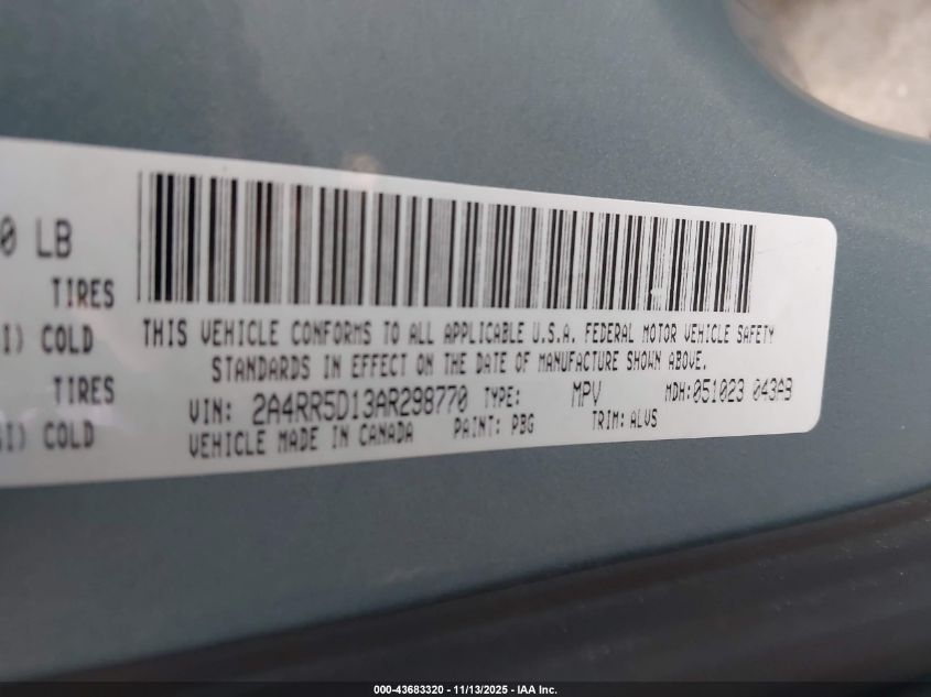 2010 Chrysler Town & Country Touring VIN: 2A4RR5D13AR298770 Lot: 43683320