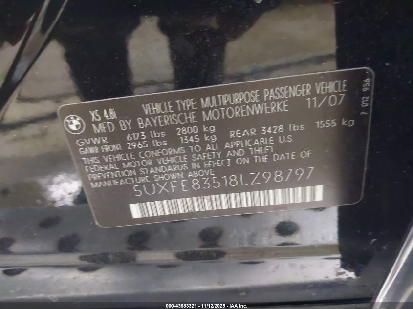 2008 BMW X5 4.8I VIN: 5UXFE83518LZ98797 Lot: 43683321
