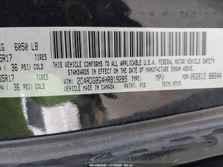2017 Dodge Grand Caravan Se Plus VIN: 2C4RDGBG4HR819285 Lot: 43683330