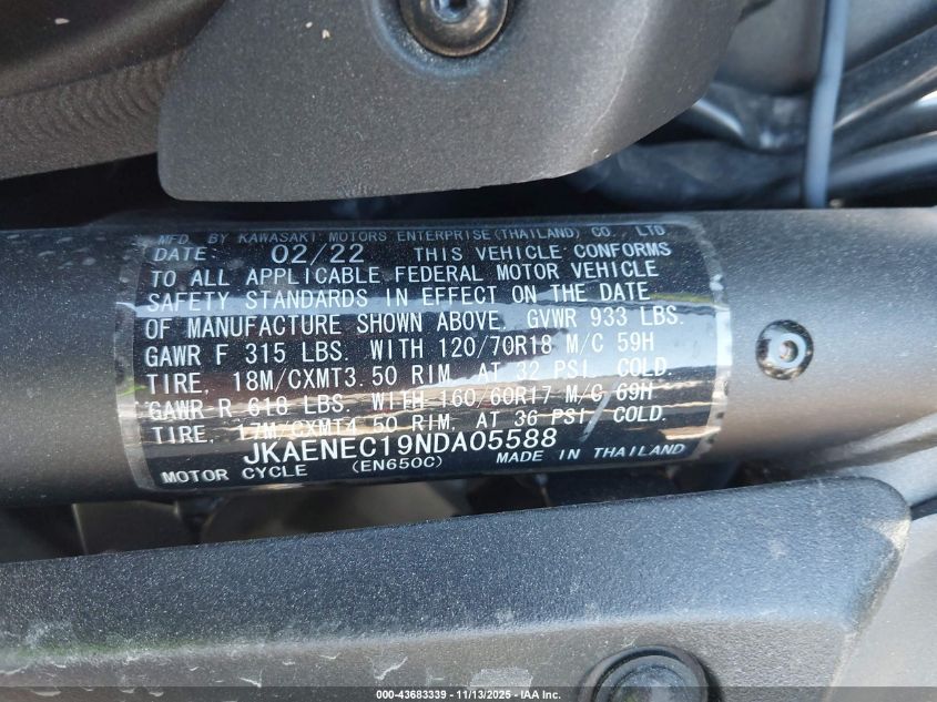 2022 Kawasaki En650 C VIN: JKAENEC19NDA05588 Lot: 43683339