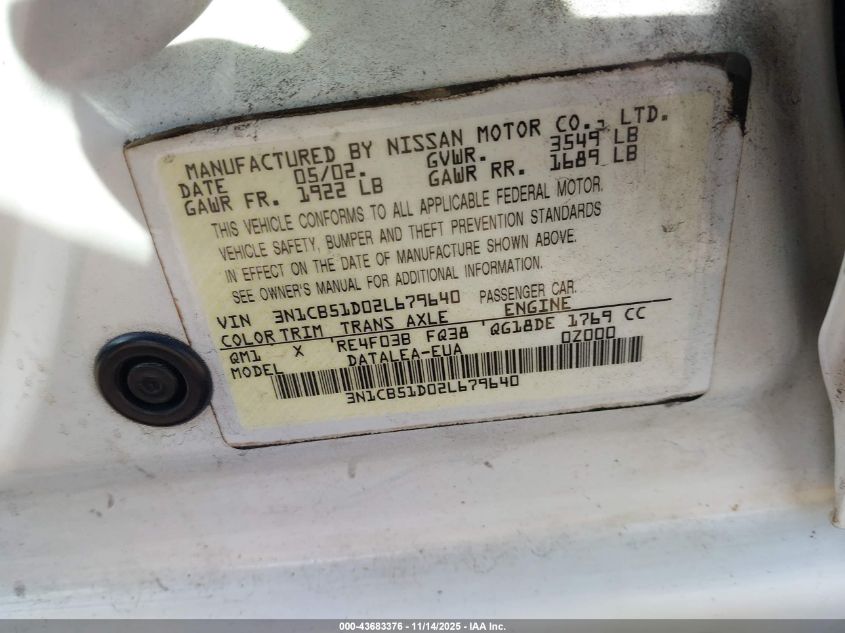 2002 Nissan Sentra Gxe VIN: 3N1CB51D02L679640 Lot: 43683376