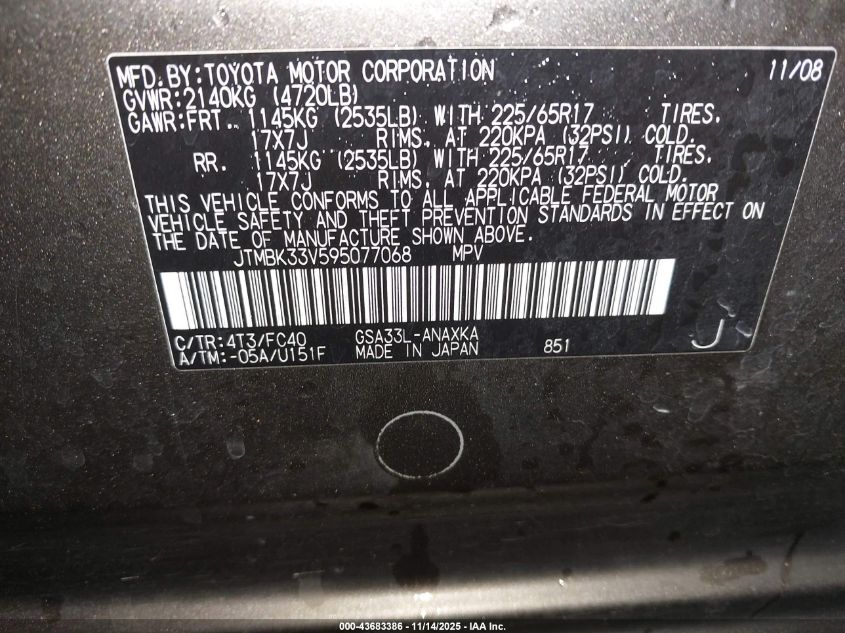 2009 Toyota Rav4 Base V6 VIN: JTMBK33V595077068 Lot: 43683386