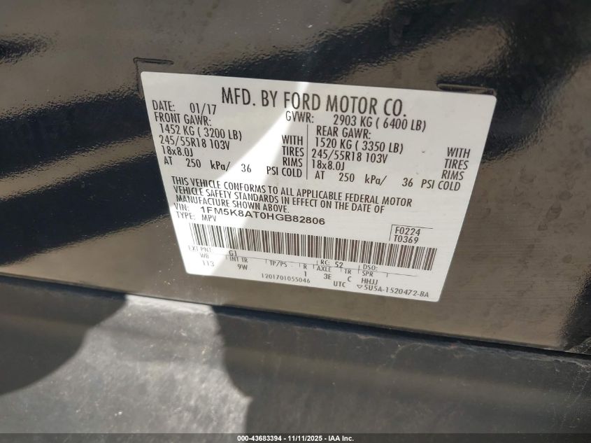 2017 Ford Police Interceptor VIN: 1FM5K8AT0HGB82806 Lot: 43683394
