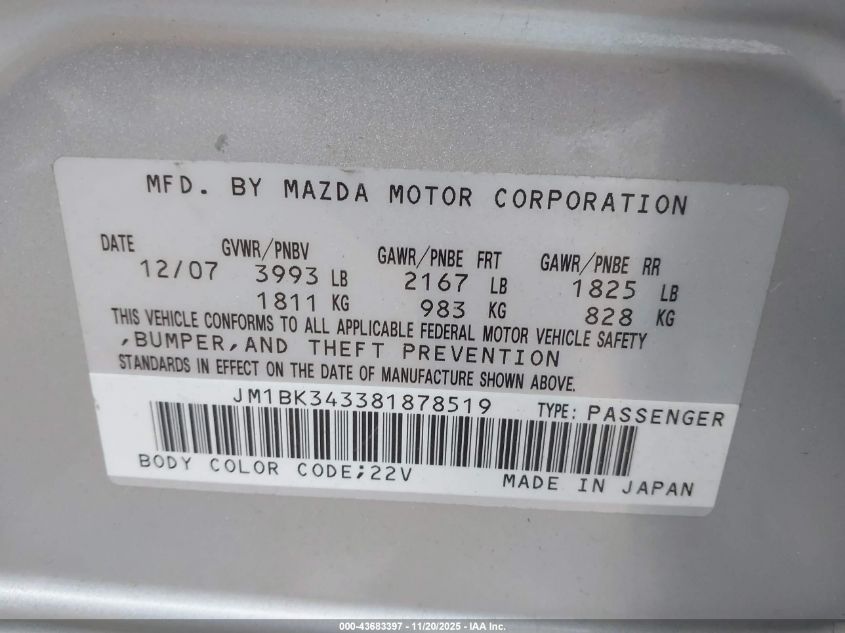 2008 Mazda Mazda3 S Touring VIN: JM1BK343381878519 Lot: 43683397