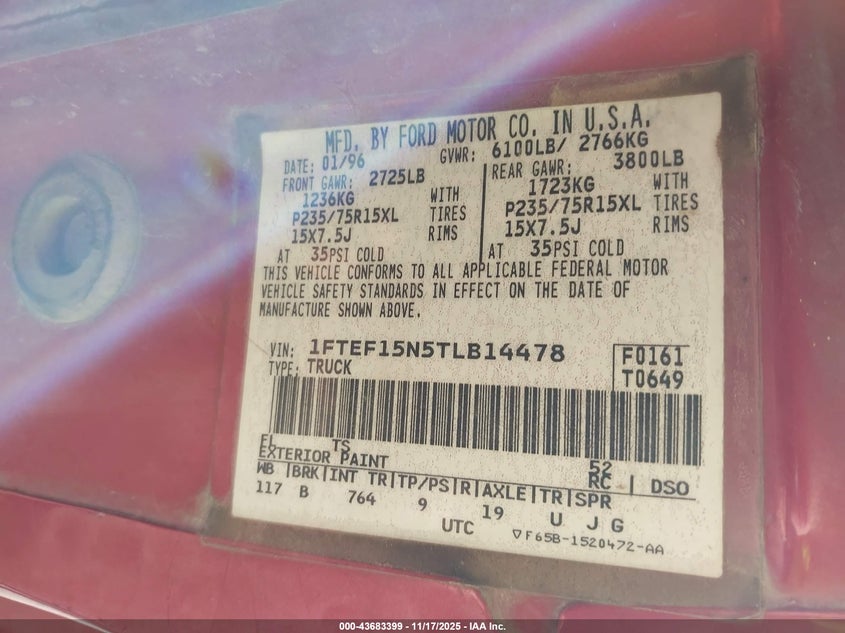 1FTEF15N5TLB14478 1996 FORD F-150 photo no. 9