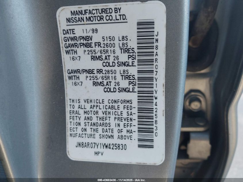 2000 Nissan Pathfinder Le/Se/Xe VIN: JN8AR07Y1YW425830 Lot: 43683436