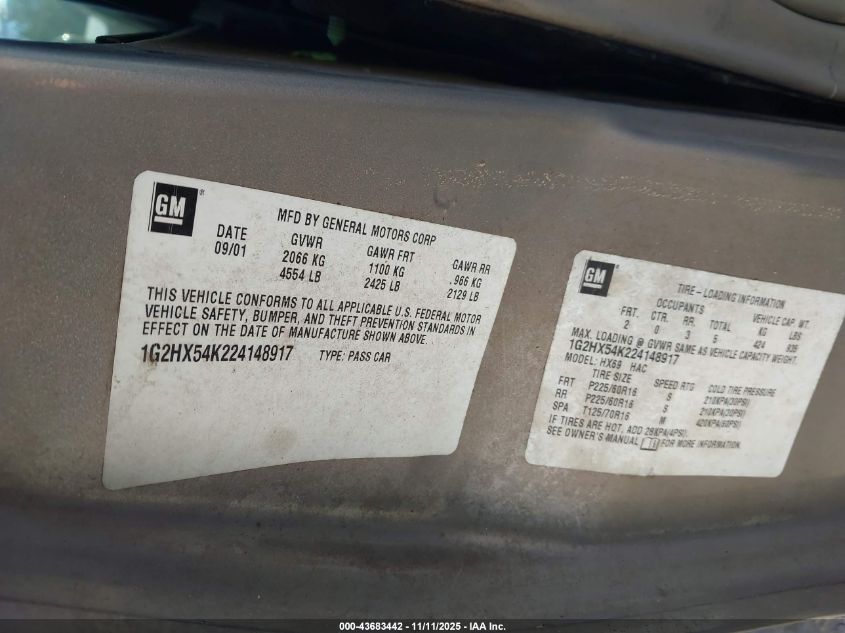 2002 Pontiac Bonneville Se VIN: 1G2HX54K224148917 Lot: 43683442