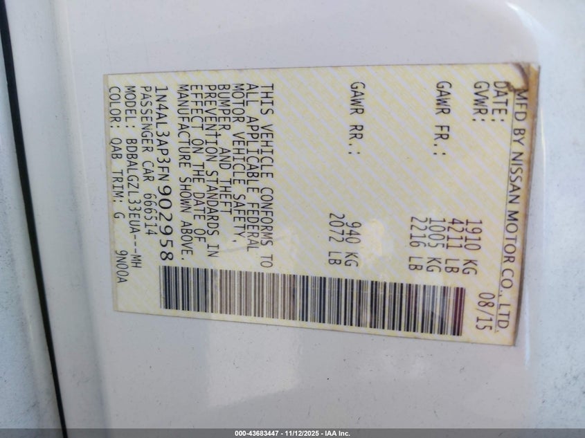 2015 NISSAN ALTIMA 2.5 S - 1N4AL3AP3FN902958