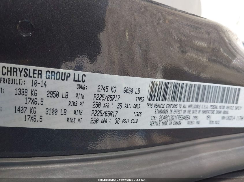 2015 Chrysler Town & Country Touring VIN: 2C4RC1BG1FR594854 Lot: 43683459