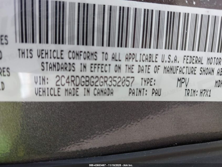 2016 Dodge Grand Caravan Se VIN: 2C4RDGBG2GR352057 Lot: 43683467