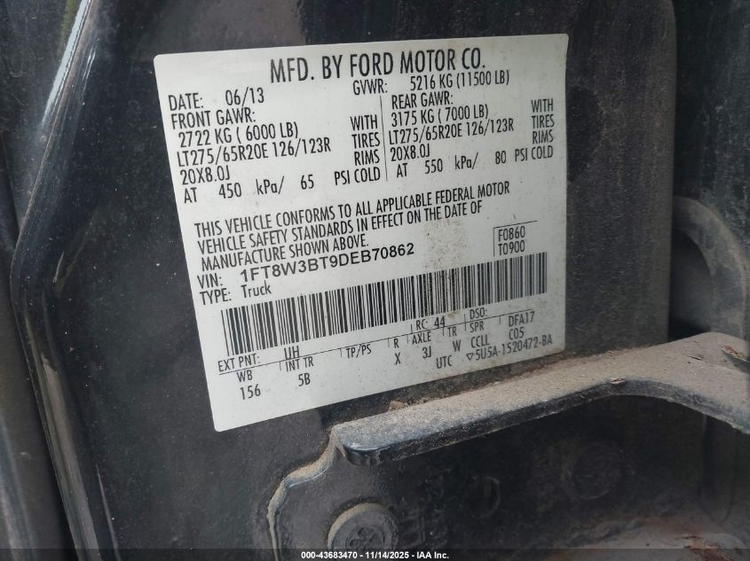 2013 Ford F-350 Lariat VIN: 1FT8W3BT9DEB70862 Lot: 43683470