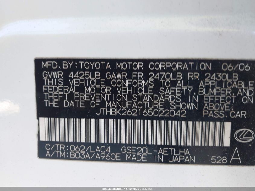 2006 Lexus Is 250 VIN: JTHBK262165022042 Lot: 43683484