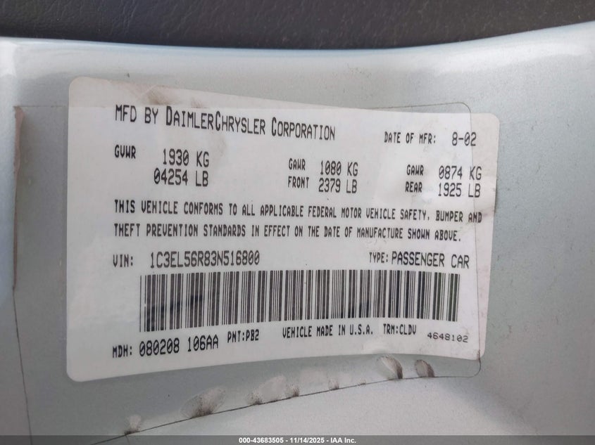 2003 Chrysler Sebring Lxi VIN: 1C3EL56R83N516800 Lot: 43683505