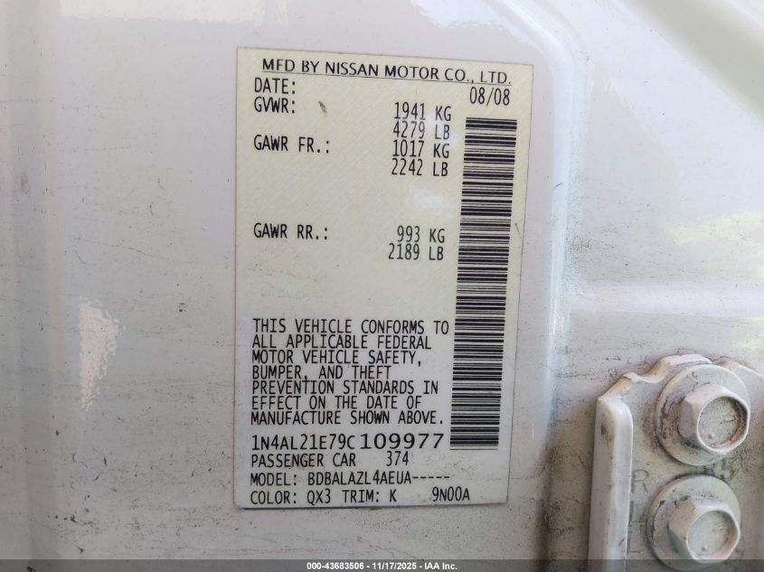 2009 Nissan Altima 2.5 VIN: 1N4AL21E79C109977 Lot: 43683506