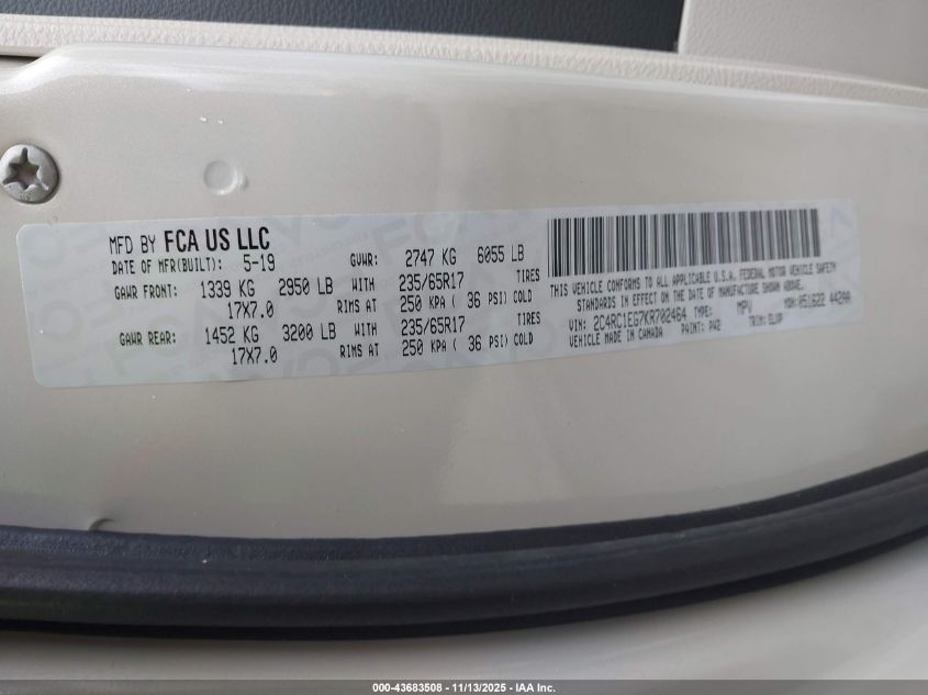 2019 Chrysler Pacifica Touring L Plus VIN: 2C4RC1EG7KR702464 Lot: 43683508