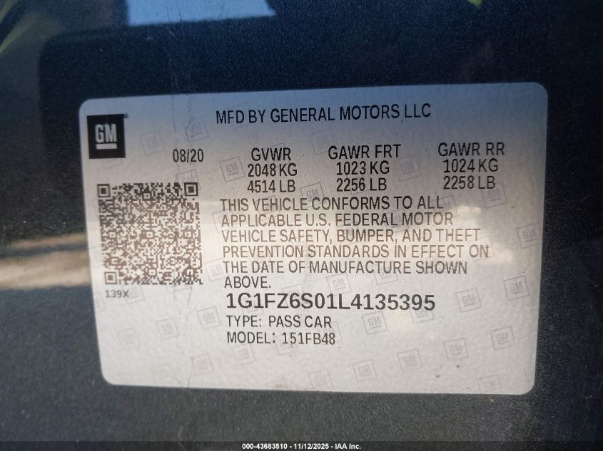 2020 Chevrolet Bolt Ev Fwd Premier VIN: 1G1FZ6S01L4135395 Lot: 43683510