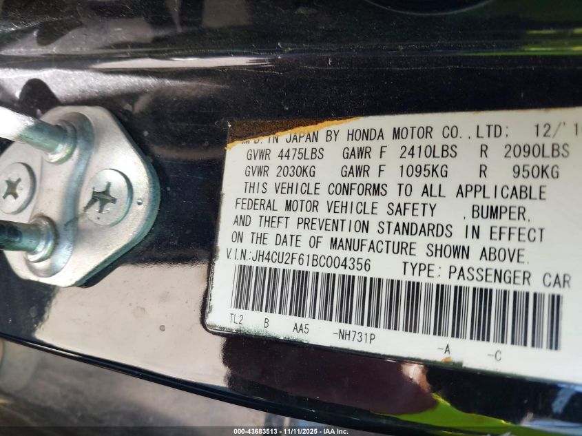 2011 Acura Tsx 2.4 VIN: JH4CU2F61BC004356 Lot: 43683513