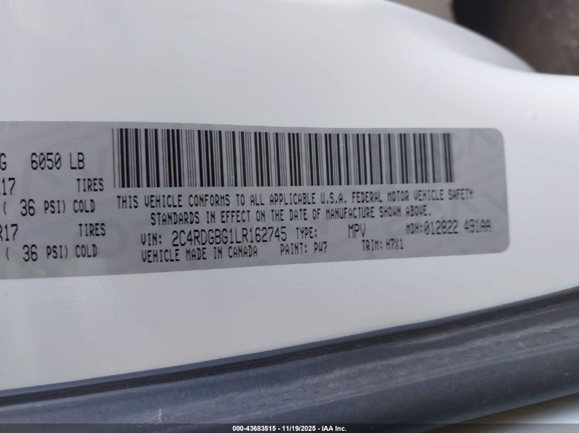 2020 Dodge Grand Caravan Se VIN: 2C4RDGBG1LR162745 Lot: 43683515