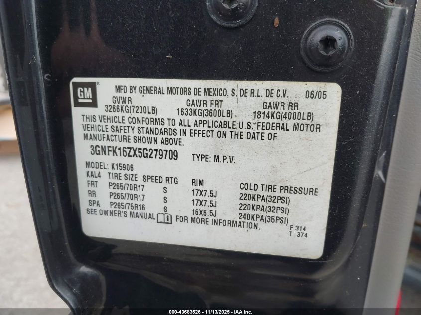 2005 Chevrolet Suburban 1500 Lt VIN: 3GNFK16ZX5G279709 Lot: 43683526