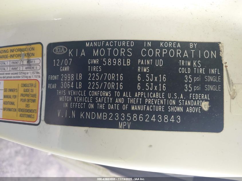 2008 Kia Sedona Lx VIN: KNDMB233586243843 Lot: 43683555