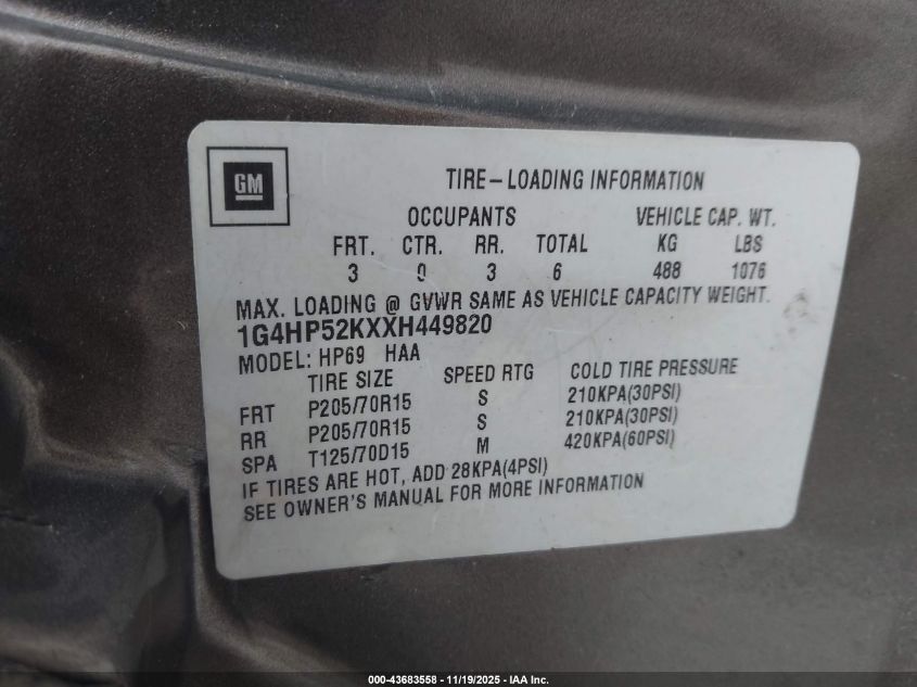 1999 Buick Lesabre Custom VIN: 1G4HP52KXXH449820 Lot: 43683558