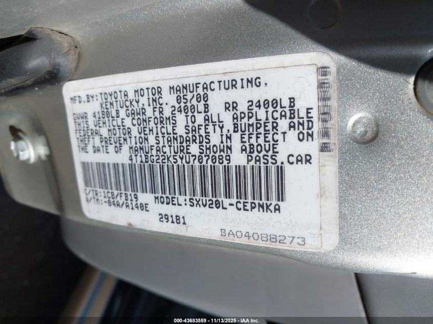 2000 Toyota Camry Le VIN: 4T1BG22K5YU707089 Lot: 43683559