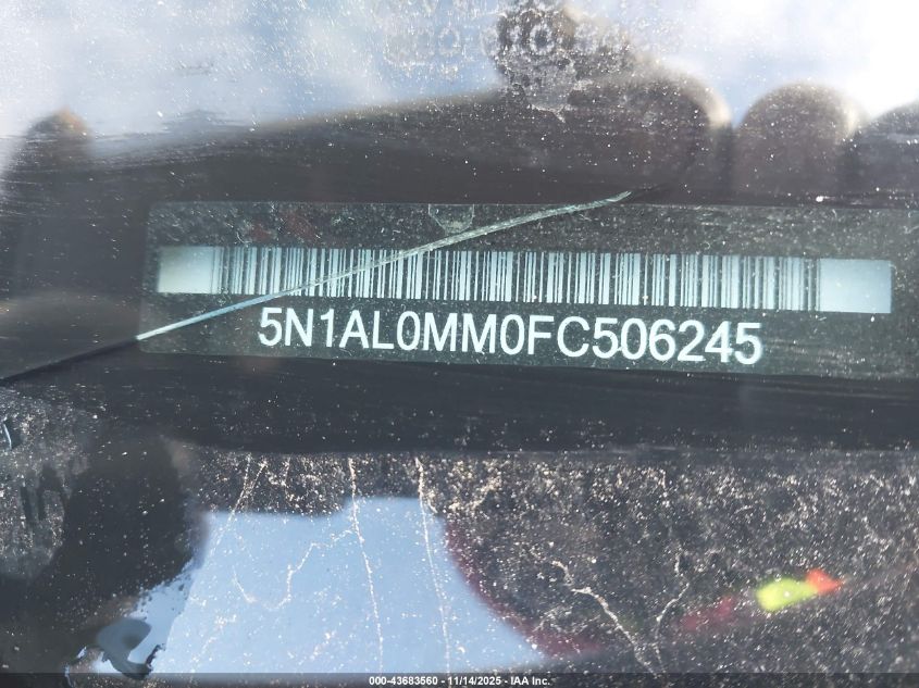 2015 Infiniti Qx60 VIN: 5N1AL0MM0FC506245 Lot: 43683560