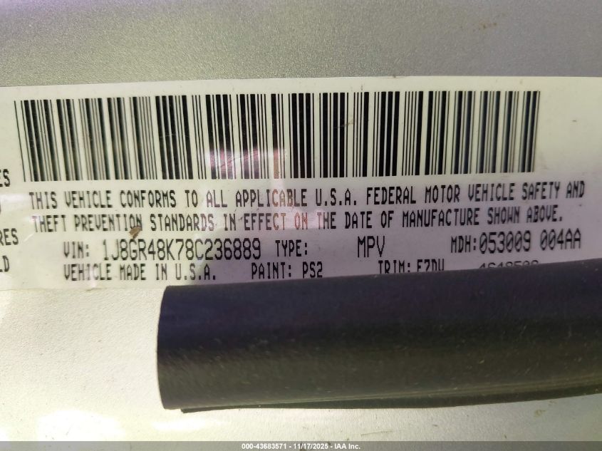 2008 Jeep Grand Cherokee Laredo VIN: 1J8GR48K78C236889 Lot: 43683571