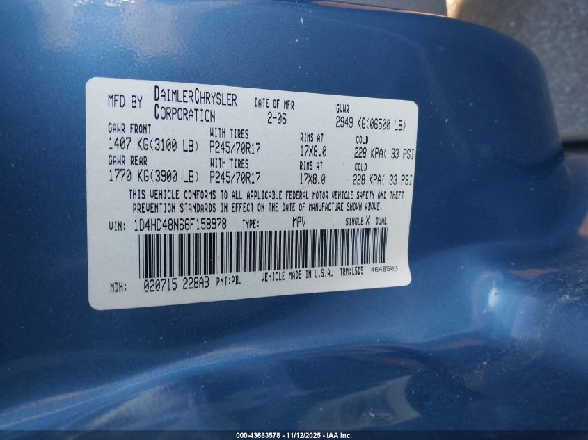 2006 Dodge Durango Slt VIN: 1D4HD48N66F158978 Lot: 43683578