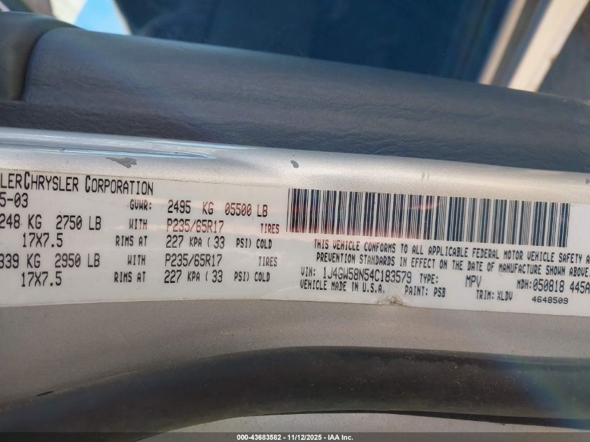 2004 Jeep Grand Cherokee Limited VIN: 1J4GW58N54C183579 Lot: 43683582