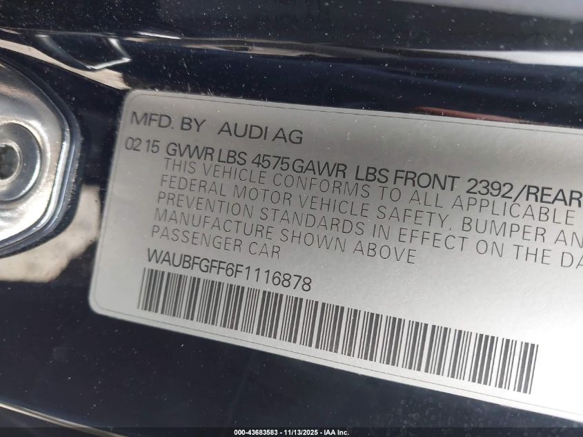 2015 Audi A3 2.0T Premium VIN: WAUBFGFF6F1116878 Lot: 43683583