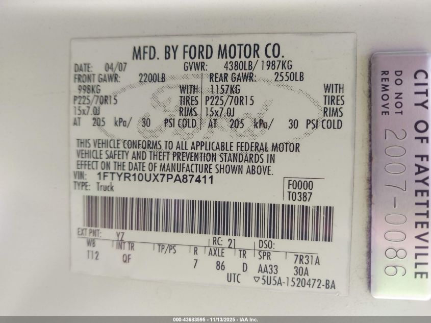 2007 Ford Ranger Sport/Stx/Xl/Xlt VIN: 1FTYR10UX7PA87411 Lot: 43683595
