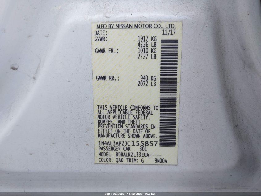 2018 Nissan Altima 2.5 Sl VIN: 1N4AL3AP2JC155857 Lot: 43683609