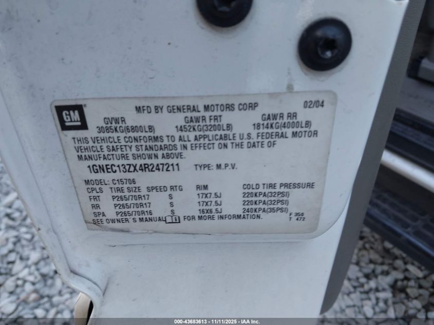 2004 Chevrolet Tahoe Lt VIN: 1GNEC13ZX4R247211 Lot: 43683613