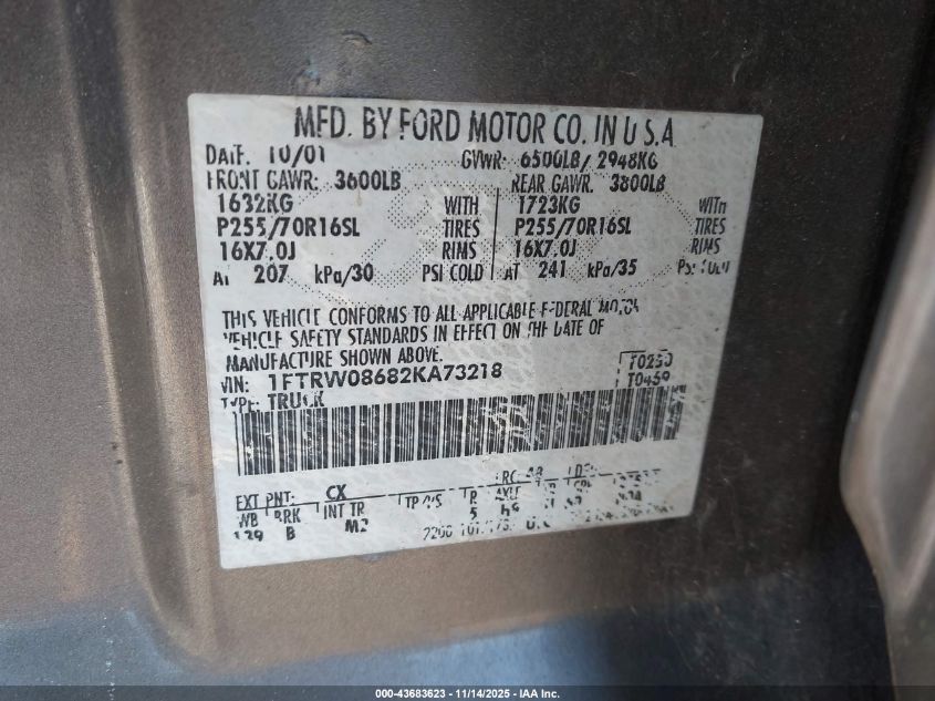 2002 Ford F-150 Lariat/Xlt VIN: 1FTRW08682KA73218 Lot: 43683623