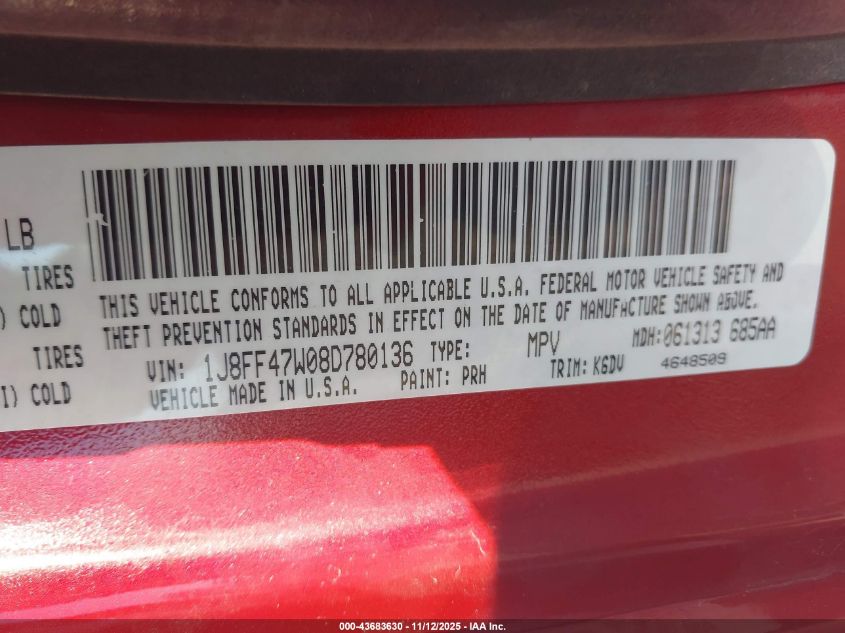 2008 Jeep Compass Sport VIN: 1J8FF47W08D780136 Lot: 43683630