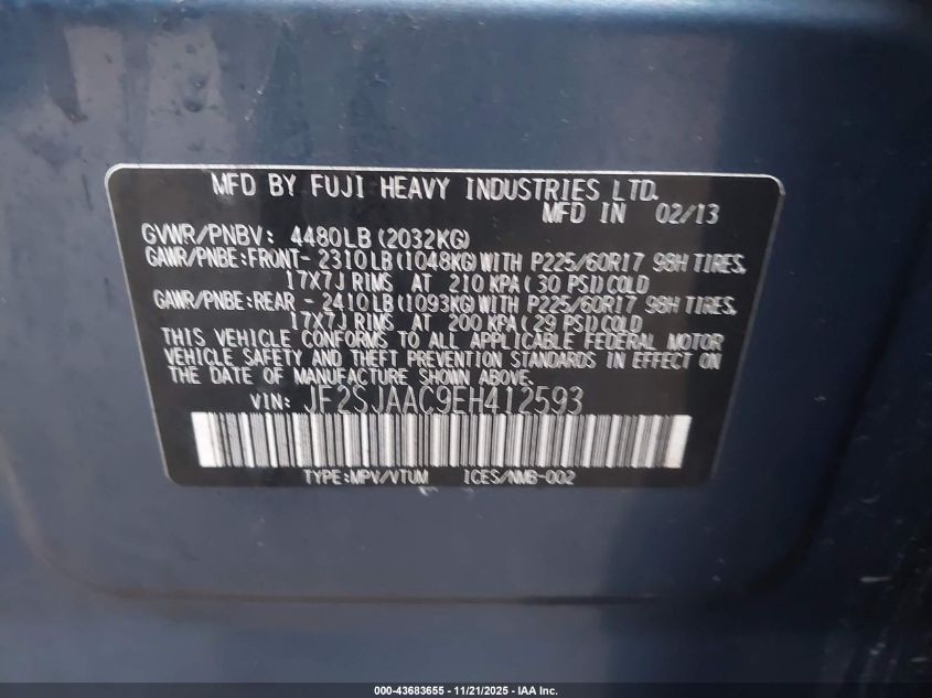 2014 Subaru Forester 2.5I VIN: JF2SJAAC9EH412593 Lot: 43683655