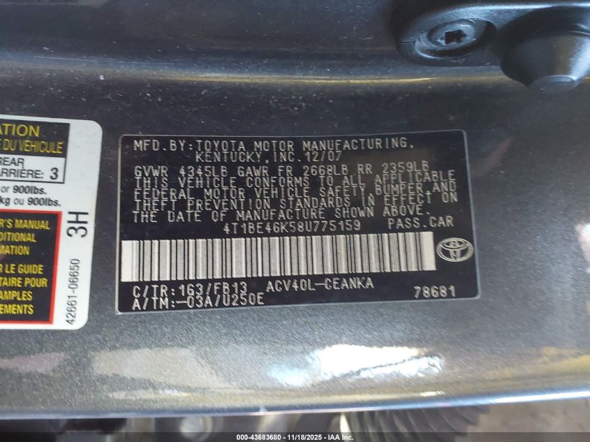 2008 Toyota Camry Le VIN: 4T1BE46K58U775159 Lot: 43683680