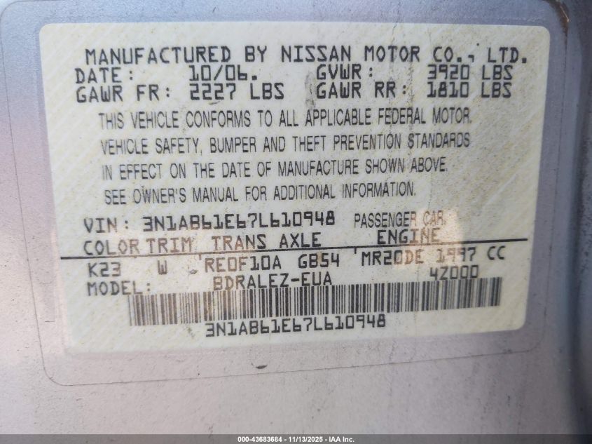 2007 Nissan Sentra 2.0S VIN: 3N1AB61E67L610948 Lot: 43683684