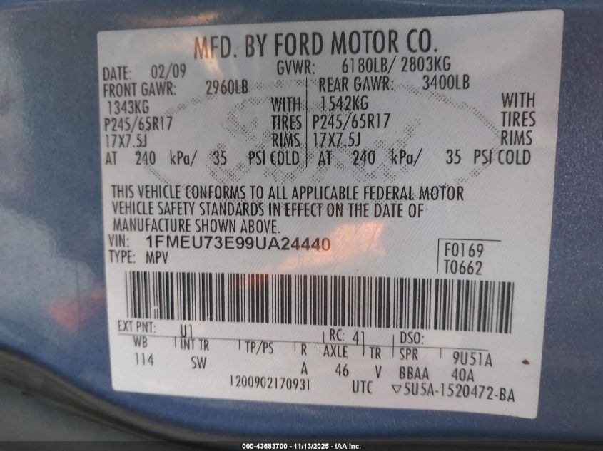 2009 Ford Explorer Xlt VIN: 1FMEU73E99UA24440 Lot: 43683700