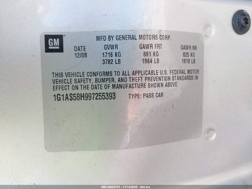 2009 Chevrolet Cobalt Ls VIN: 1G1AS58H997255393 Lot: 43683701