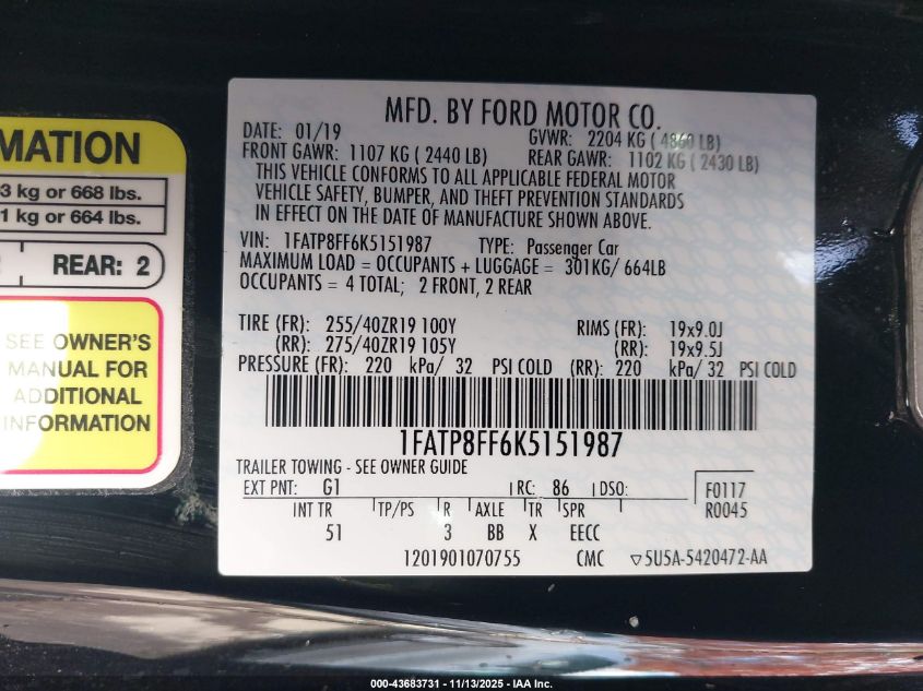 2019 Ford Mustang Gt Premium VIN: 1FATP8FF6K5151987 Lot: 43683731