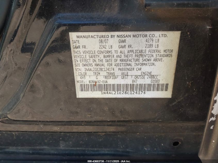 2008 Nissan Altima 2.5 S VIN: 1N4AL21E28C124174 Lot: 43683736