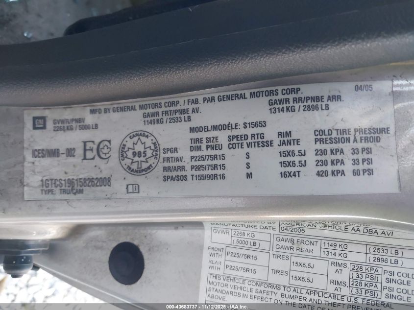 2005 GMC Canyon Sl/Sle VIN: 1GTCS196158262008 Lot: 43683737