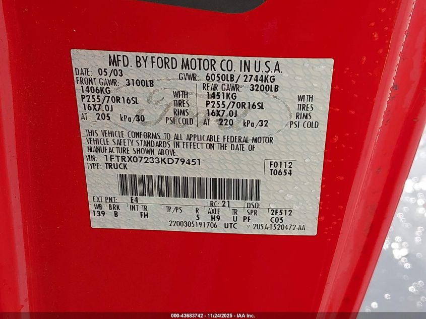 2003 Ford F-150 Xl/Xlt VIN: 1FTRX07233KD79451 Lot: 43683742